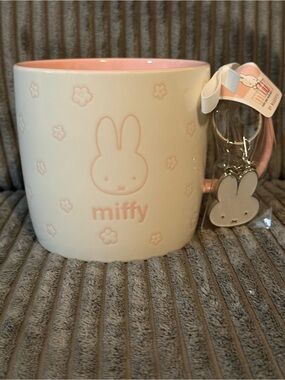 Miffy white Ceramic Mug With pink floral Pattern & int with Bunny Keychain